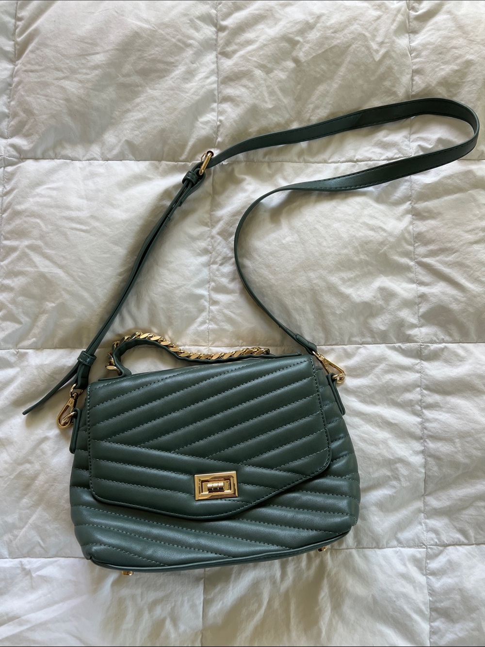 Madison West Quilted Dark Green Crossbody Bag with Gold Hardware